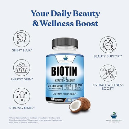 American Standard Supplements Biotin 20.000 mcg mit Keratin, Kokosnusspulver und Zink – Biotin-Ergänzung für Frauen und Männer, 120 vegane Kapseln, 120-Tage-Versorgung