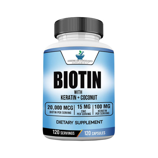 American Standard Supplements Biotin 20.000 mcg mit Keratin, Kokosnusspulver und Zink – Biotin-Ergänzung für Frauen und Männer, 120 vegane Kapseln, 120-Tage-Versorgung