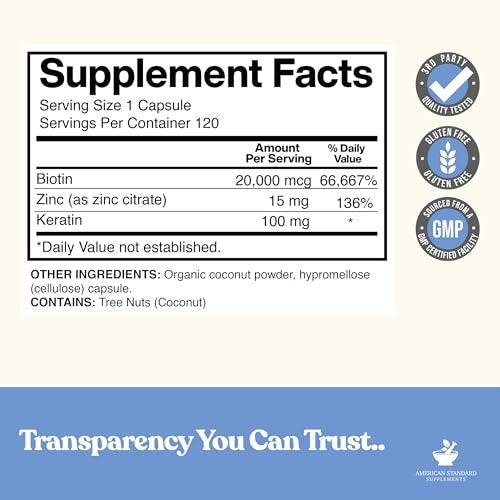 American Standard Supplements Biotin 20.000 mcg mit Keratin, Kokosnusspulver und Zink – Biotin-Ergänzung für Frauen und Männer, 120 vegane Kapseln, 120-Tage-Versorgung
