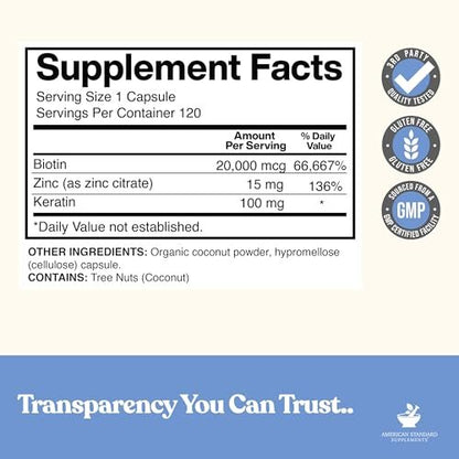 American Standard Supplements Biotin 20.000 mcg mit Keratin, Kokosnusspulver und Zink – Biotin-Ergänzung für Frauen und Männer, 120 vegane Kapseln, 120-Tage-Versorgung