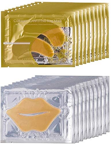 Theshiry 10 Paar Kollagen-Kristall-Augenmasken und 10 Stück Kollagen-Kristall-Lippenmasken, Anti-Aging Augen- und Lippenmasken, Kollagen-Kristallmasken-Set (Gold)