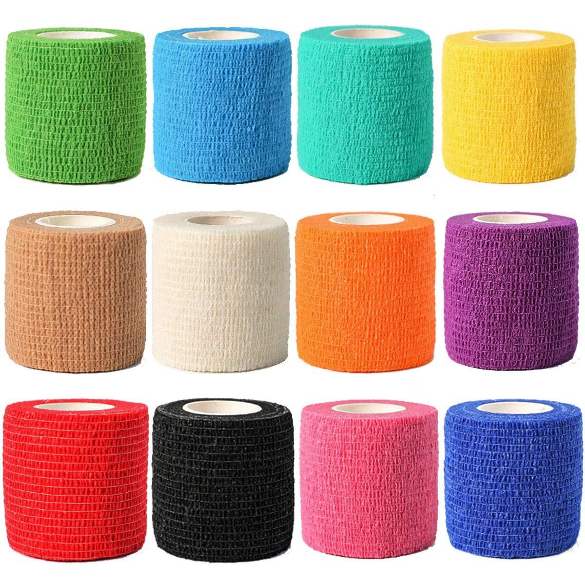 Kuvvfe Elastische Bandagen (12er-Pack) 2" x 5 Yards | Selbstklebende Bandage, Athletik-Elastik-Kohäsionsbandage für Sportverletzungen, Zerrungen, Knie & Handgelenk, Knöchelverstauchungen