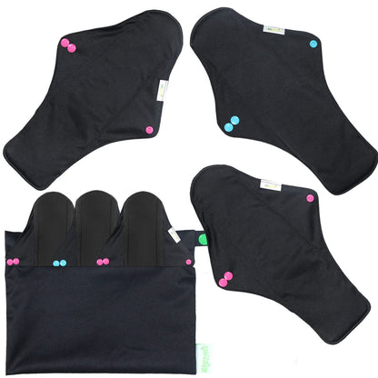 wegreeco Wiederverwendbare Stoffbinden – 6er-Pack XL in Schwarz mit Mini-Wetbag