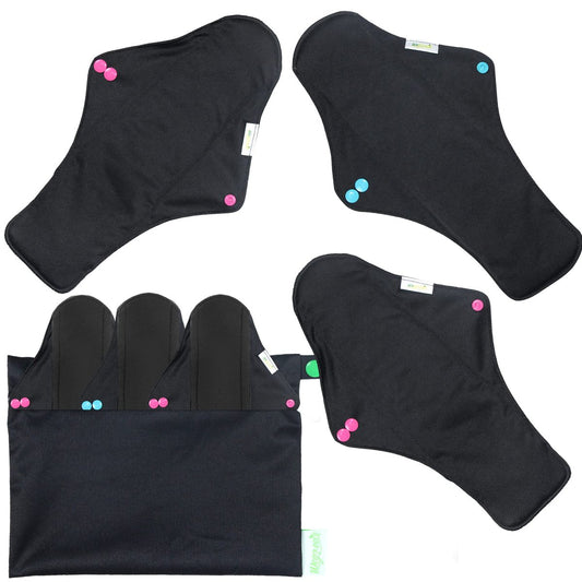 wegreeco Wiederverwendbare Stoffbinden – 6er-Pack XL in Schwarz mit Mini-Wetbag
