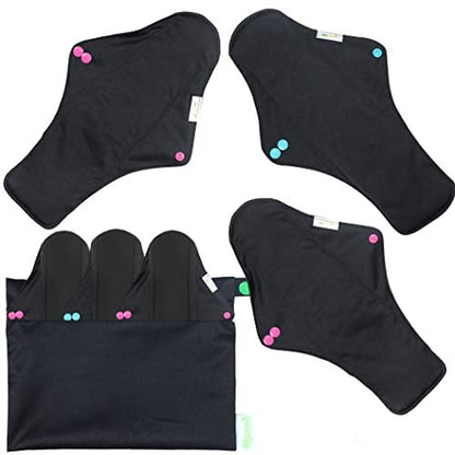 wegreeco Wiederverwendbare Stoffbinden – 6er-Pack XL in Schwarz mit Mini-Wetbag