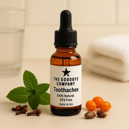 The Goodbye Company Bio-Nelkenöl für Zahnschmerzen – unverdünnte Mischung mit Pfefferminzblatt, Sanddorn & Rizinusöl – Natürliche Zahn- und Zahnfleischkomfort-Formel – 15 mL Glasflasche mit Pipette – Hergestellt in den USA