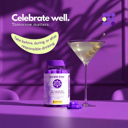 purple tree Wellness für nach der Feier – Leberunterstützung & Hydration | Liposomales Dihydromyricetin (DHM), L-Glutathion, Mariendistel, B-Vitamine, Mineralien, Weidenrinde | 30 Kapseln