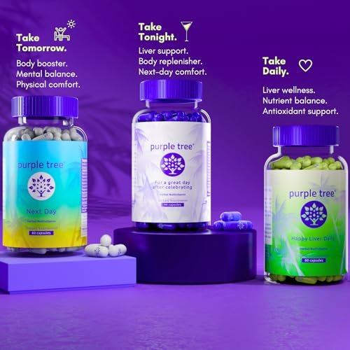 purple tree Wellness für nach der Feier – Leberunterstützung & Hydration | Liposomales Dihydromyricetin (DHM), L-Glutathion, Mariendistel, B-Vitamine, Mineralien, Weidenrinde | 30 Kapseln