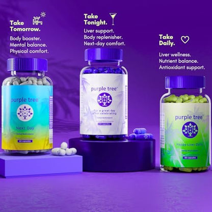 purple tree Wellness für nach der Feier – Leberunterstützung & Hydration | Liposomales Dihydromyricetin (DHM), L-Glutathion, Mariendistel, B-Vitamine, Mineralien, Weidenrinde | 30 Kapseln