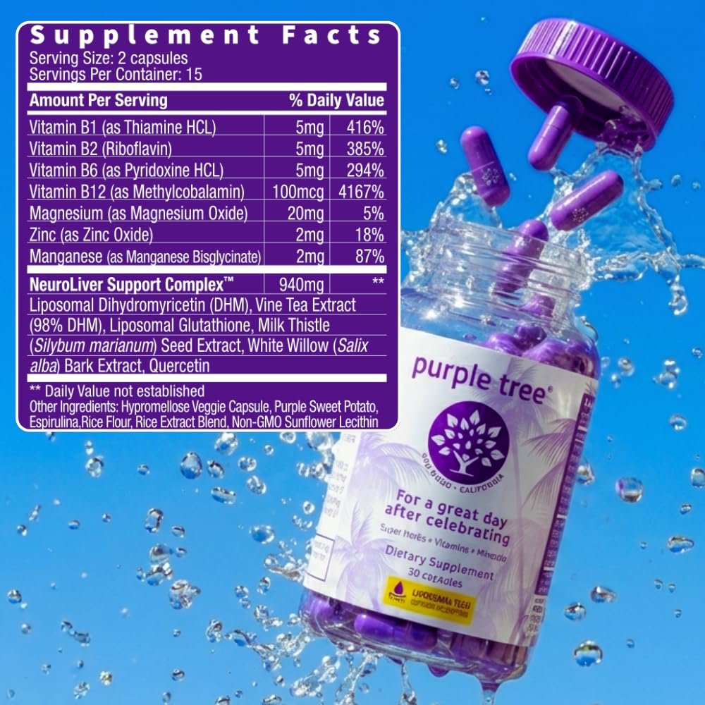 purple tree Wellness für nach der Feier – Leberunterstützung & Hydration | Liposomales Dihydromyricetin (DHM), L-Glutathion, Mariendistel, B-Vitamine, Mineralien, Weidenrinde | 30 Kapseln