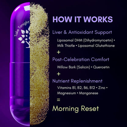 purple tree Wellness für nach der Feier – Leberunterstützung & Hydration | Liposomales Dihydromyricetin (DHM), L-Glutathion, Mariendistel, B-Vitamine, Mineralien, Weidenrinde | 30 Kapseln