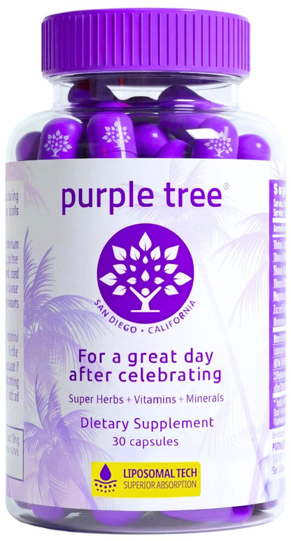 purple tree Wellness für nach der Feier – Leberunterstützung & Hydration | Liposomales Dihydromyricetin (DHM), L-Glutathion, Mariendistel, B-Vitamine, Mineralien, Weidenrinde | 30 Kapseln