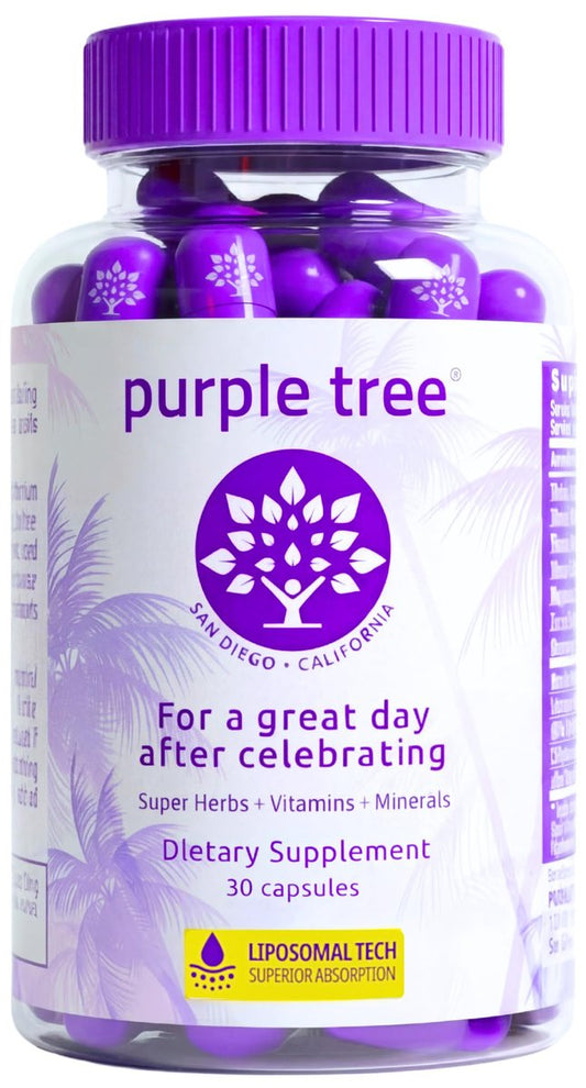 purple tree Wellness für nach der Feier – Leberunterstützung & Hydration | Liposomales Dihydromyricetin (DHM), L-Glutathion, Mariendistel, B-Vitamine, Mineralien, Weidenrinde | 30 Kapseln