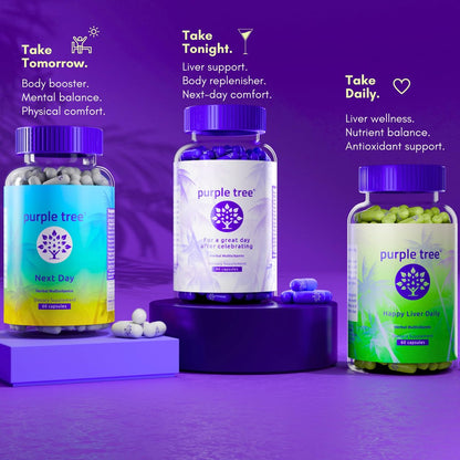 purple tree Wellness für nach der Feier – Leberunterstützung & Hydration | Liposomales Dihydromyricetin (DHM), L-Glutathion, Mariendistel, B-Vitamine, Mineralien, Weidenrinde | 30 Kapseln
