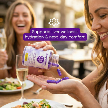 purple tree Wellness für nach der Feier – Leberunterstützung & Hydration | Liposomales Dihydromyricetin (DHM), L-Glutathion, Mariendistel, B-Vitamine, Mineralien, Weidenrinde | 30 Kapseln