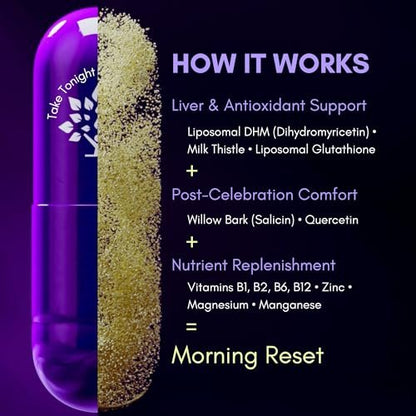 purple tree Wellness für nach der Feier – Leberunterstützung & Hydration | Liposomales Dihydromyricetin (DHM), L-Glutathion, Mariendistel, B-Vitamine, Mineralien, Weidenrinde | 30 Kapseln