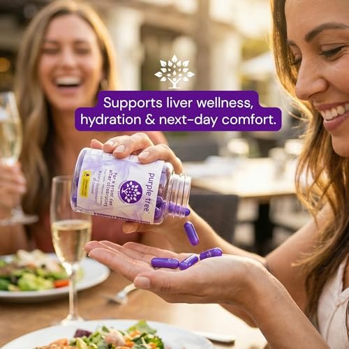 purple tree Wellness für nach der Feier – Leberunterstützung & Hydration | Liposomales Dihydromyricetin (DHM), L-Glutathion, Mariendistel, B-Vitamine, Mineralien, Weidenrinde | 30 Kapseln