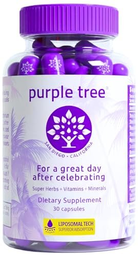 purple tree Wellness für nach der Feier – Leberunterstützung & Hydration | Liposomales Dihydromyricetin (DHM), L-Glutathion, Mariendistel, B-Vitamine, Mineralien, Weidenrinde | 30 Kapseln