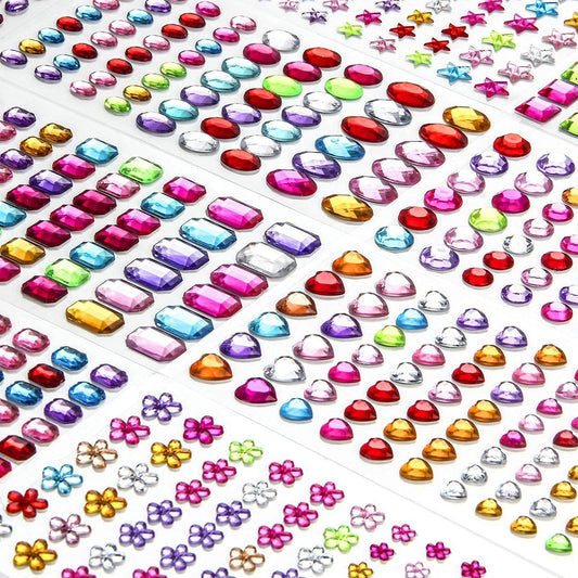 1200+ PCS Selbstklebende Strasssteine Aufkleber, 14 Bogen Rhinestone Aufkleber für DIY Basteln, 8 Formen Funkelnde Juwelen für Nagel Körper Make-up Festival