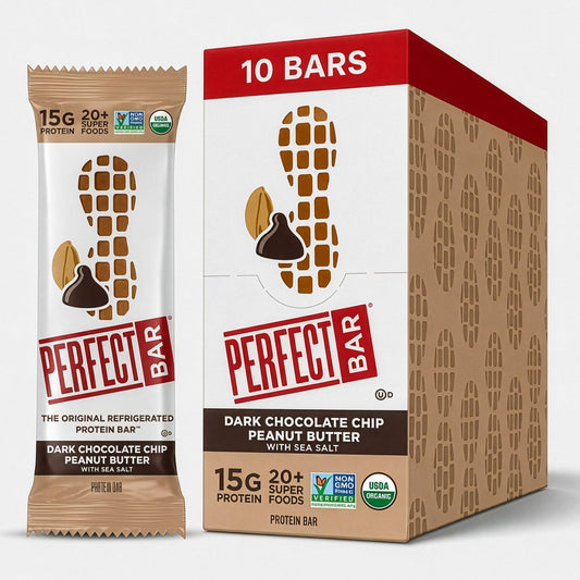 Perfect Bar Proteinriegel – Dunkle Schokolade Erdnussbutter mit Meersalz, glutenfrei, mit Bio-Honig, Keksteig-Textur, gekühlt, 2,3 oz Riegel, 10er Pack
