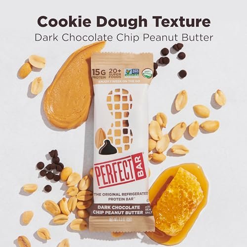 Perfect Bar Proteinriegel – Dunkle Schokolade Erdnussbutter mit Meersalz, glutenfrei, mit Bio-Honig, Keksteig-Textur, gekühlt, 2,3 oz Riegel, 10er Pack