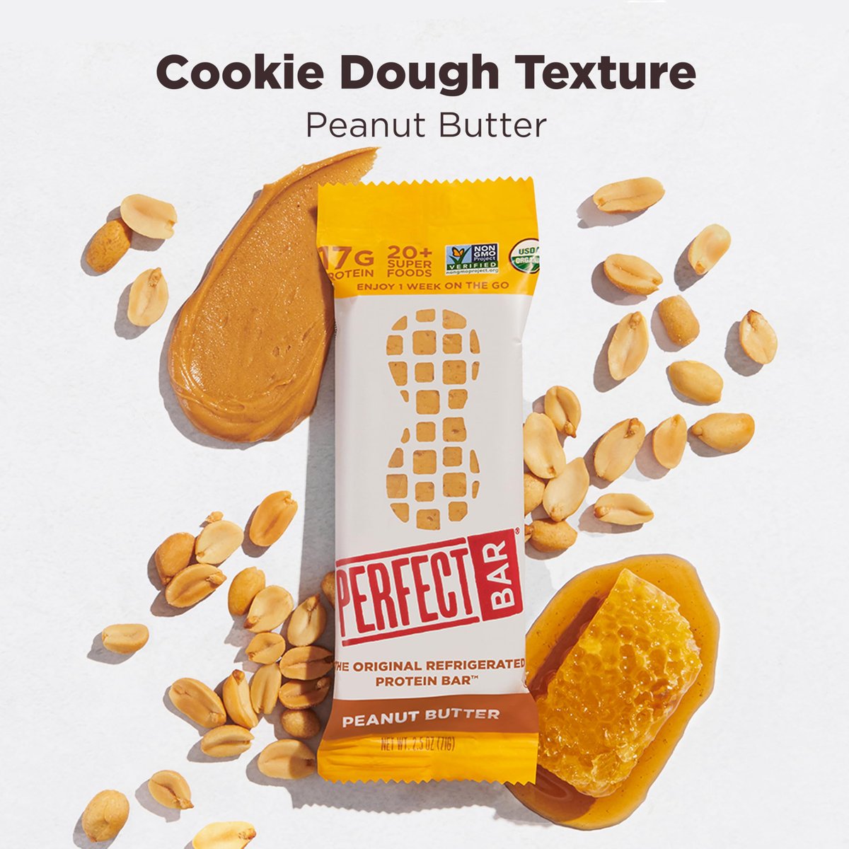 Perfect Bar Proteinriegel, Erdnussbutter, glutenfrei, mit Bio-Honig, Keksteig-Textur, gekühlter Proteinsnack, 10 Riegel, 2,5 oz pro Riegel