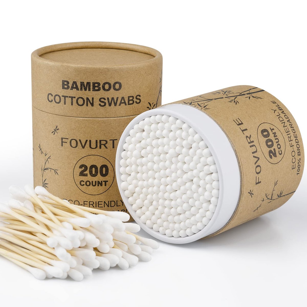 FOVURTE Bambus-Wattestäbchen 400 Stück, Bio-Wattestäbchen mit runden Spitzen, natürliche Holz-Wattestäbchen für Ohren, doppelköpfige Ohrstäbchen für Reisen, Make-up-Entferner