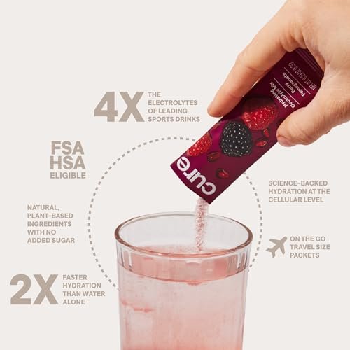 Cure Hydration | Pflanzliches Elektrolyt-Getränkepulver | Ohne Zuckerzusatz | FSA-HSA | Dehydrationshilfe mit Kokoswasser | Non-GMO | Vegan | Box mit 8 Beuteln - Beeren-Granatapfel