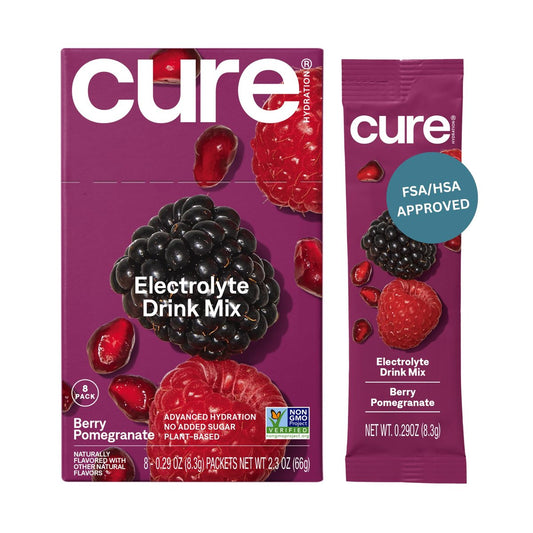 Cure Hydration | Pflanzliches Elektrolyt-Getränkepulver | Ohne Zuckerzusatz | FSA-HSA | Dehydrationshilfe mit Kokoswasser | Non-GMO | Vegan | Box mit 8 Beuteln - Beeren-Granatapfel