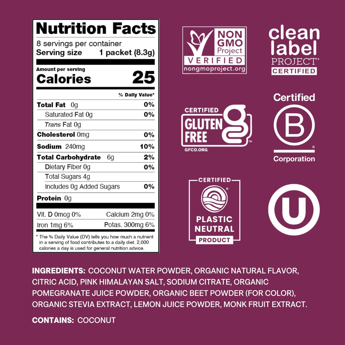 Cure Hydration | Pflanzliches Elektrolyt-Getränkepulver | Ohne Zuckerzusatz | FSA-HSA | Dehydrationshilfe mit Kokoswasser | Non-GMO | Vegan | Box mit 8 Beuteln - Beeren-Granatapfel