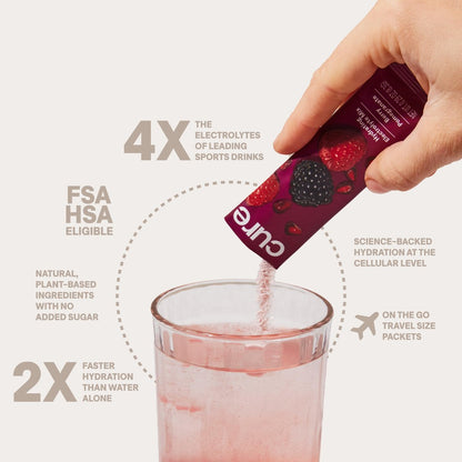 Cure Hydration | Pflanzliches Elektrolyt-Getränkepulver | Ohne Zuckerzusatz | FSA-HSA | Dehydrationshilfe mit Kokoswasser | Non-GMO | Vegan | Box mit 8 Beuteln - Beeren-Granatapfel