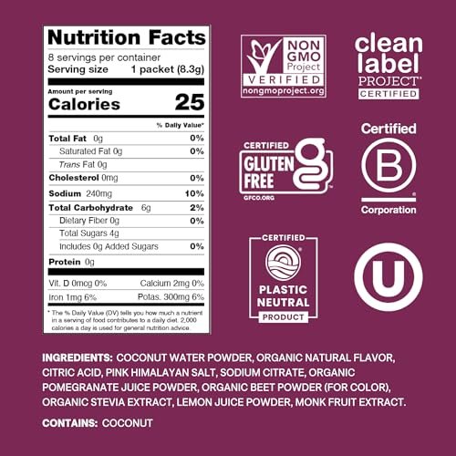 Cure Hydration | Pflanzliches Elektrolyt-Getränkepulver | Ohne Zuckerzusatz | FSA-HSA | Dehydrationshilfe mit Kokoswasser | Non-GMO | Vegan | Box mit 8 Beuteln - Beeren-Granatapfel