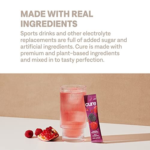 Cure Hydration | Pflanzliches Elektrolyt-Getränkepulver | Ohne Zuckerzusatz | FSA-HSA | Dehydrationshilfe mit Kokoswasser | Non-GMO | Vegan | Box mit 8 Beuteln - Beeren-Granatapfel
