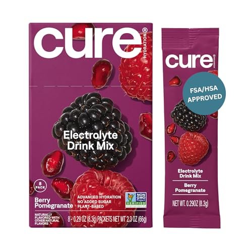 Cure Hydration | Pflanzliches Elektrolyt-Getränkepulver | Ohne Zuckerzusatz | FSA-HSA | Dehydrationshilfe mit Kokoswasser | Non-GMO | Vegan | Box mit 8 Beuteln - Beeren-Granatapfel