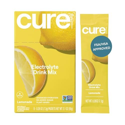 Cure Hydration | Pflanzlicher Elektrolyt-Drink-Mix | Ohne Zuckerzusatz | FSA-HSA | Dehydrationshilfe-Pulver mit Kokoswasser | Non-GMO | Vegan | Box mit 8 Portionen - Limonade
