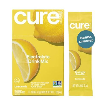 Cure Hydration | Pflanzlicher Elektrolyt-Drink-Mix | Ohne Zuckerzusatz | FSA-HSA | Dehydrationshilfe-Pulver mit Kokoswasser | Non-GMO | Vegan | Box mit 8 Portionen - Limonade