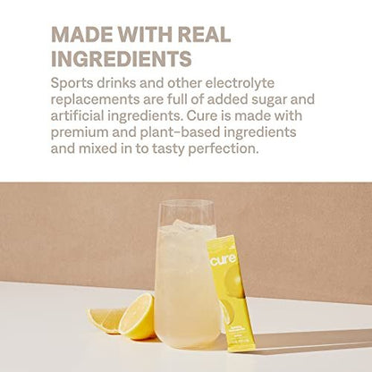 Cure Hydration | Pflanzlicher Elektrolyt-Drink-Mix | Ohne Zuckerzusatz | FSA-HSA | Dehydrationshilfe-Pulver mit Kokoswasser | Non-GMO | Vegan | Box mit 8 Portionen - Limonade