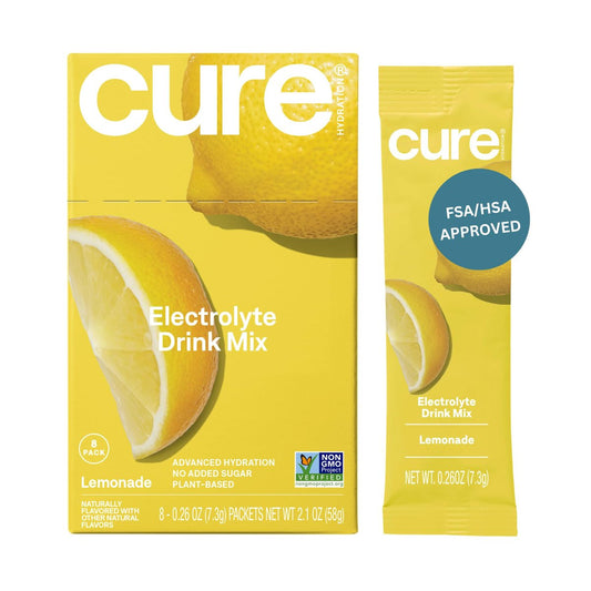 Cure Hydration | Pflanzlicher Elektrolyt-Drink-Mix | Ohne Zuckerzusatz | FSA-HSA | Dehydrationshilfe-Pulver mit Kokoswasser | Non-GMO | Vegan | Box mit 8 Portionen - Limonade