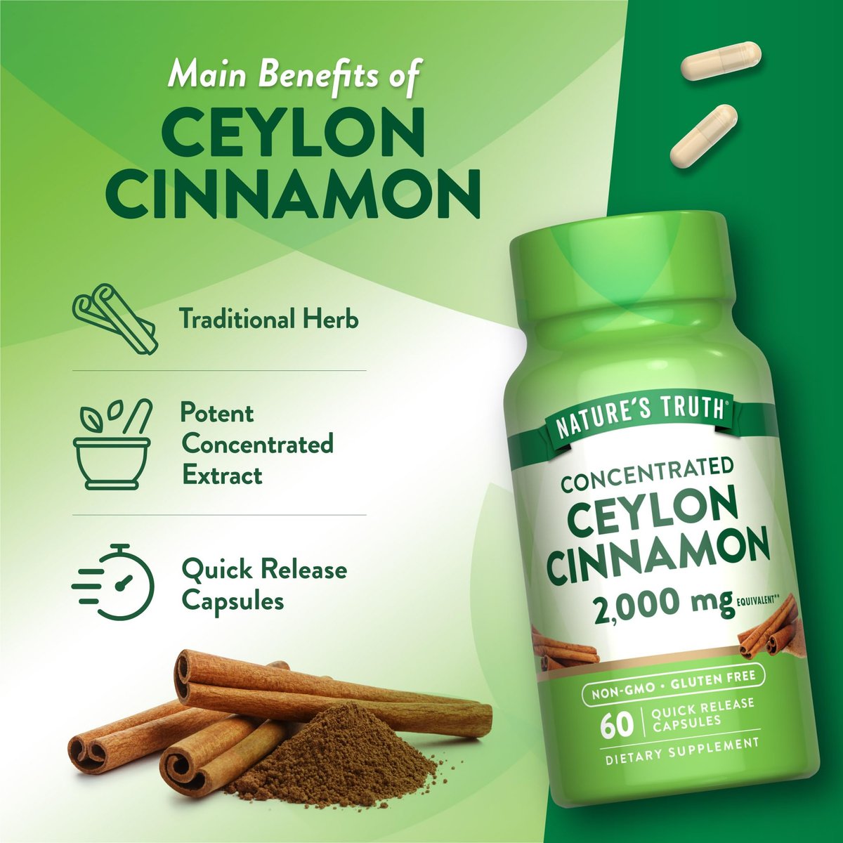Nature's Truth Ceylon-Zimt Kapseln | 60 Portionen | Nicht-GVO & Glutenfrei