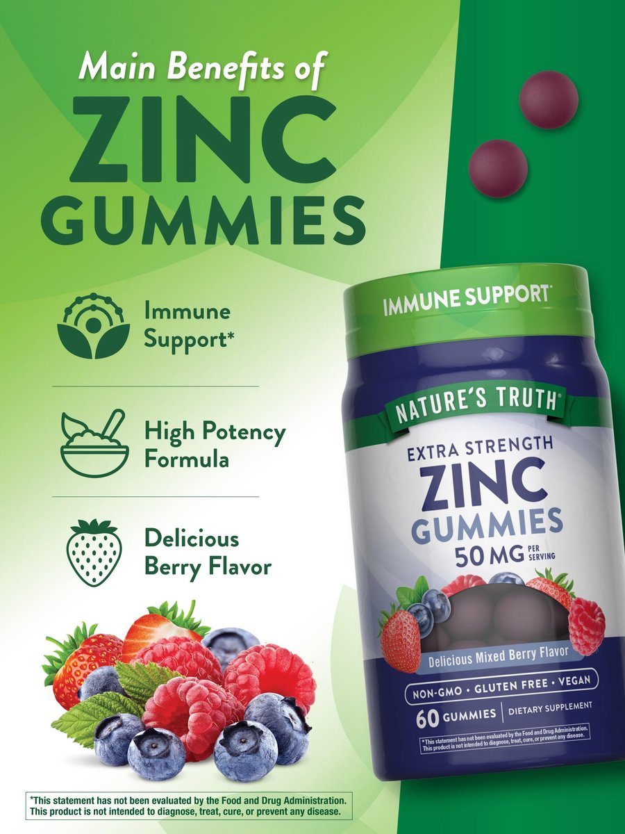 Nature's Truth Zink-Gummis für Erwachsene | 50 mg | 60 Stück | Vegan, Nicht-GVO & Glutenfrei Extra Stark | Mischbeerengeschmack