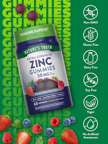 Nature's Truth Zink-Gummis für Erwachsene | 50 mg | 60 Stück | Vegan, Nicht-GVO & Glutenfrei Extra Stark | Mischbeerengeschmack