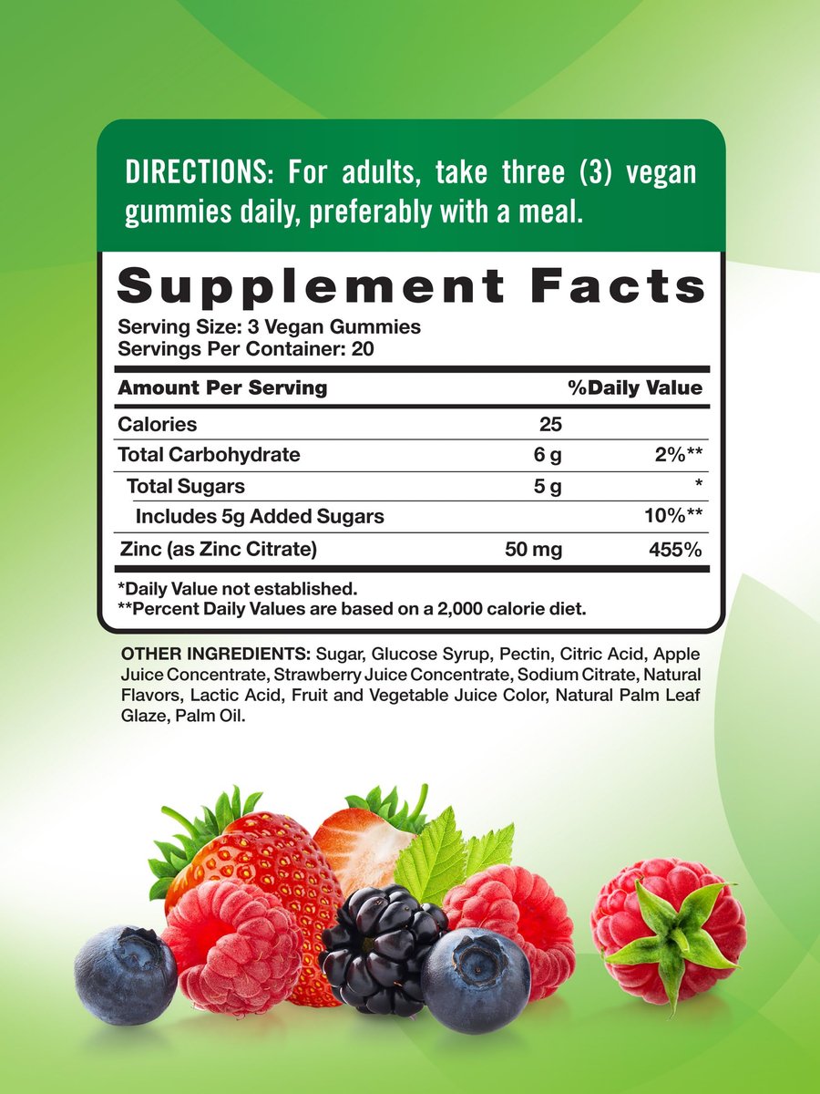 Nature's Truth Zink-Gummis für Erwachsene | 50 mg | 60 Stück | Vegan, Nicht-GVO & Glutenfrei Extra Stark | Mischbeerengeschmack