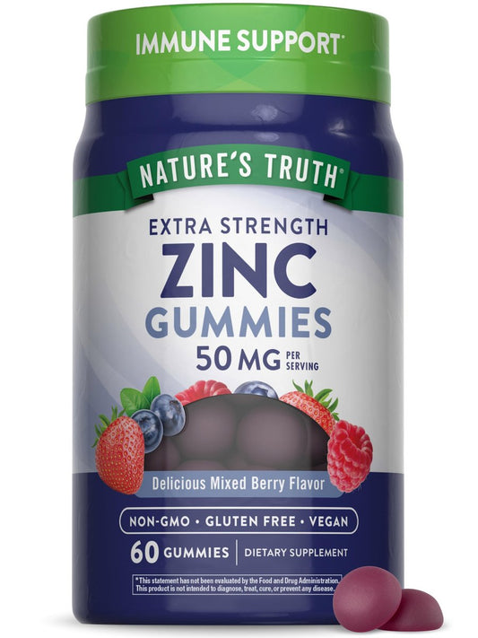 Nature's Truth Zink-Gummis für Erwachsene | 50 mg | 60 Stück | Vegan, Nicht-GVO & Glutenfrei Extra Stark | Mischbeerengeschmack