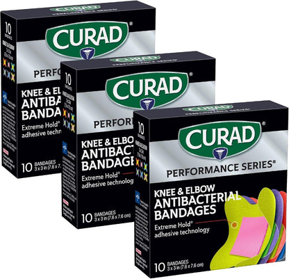 CURAD Performance Series Antibakterielle Pflaster für Ellenbogen und Knie, 3" x 3", 30 Stück