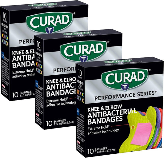 CURAD Performance Series Antibakterielle Pflaster für Ellenbogen und Knie, 3" x 3", 30 Stück