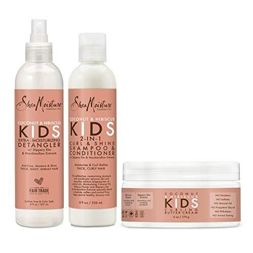 SheaMoisture Kids Extra Feuchtigkeitsspendender Entwirrer, 2-in-1 Curl & Shine Coconut Hibiskus Shampoo & Conditioner und Curling Buttercreme für lockiges Haar – 3-teiliges Set