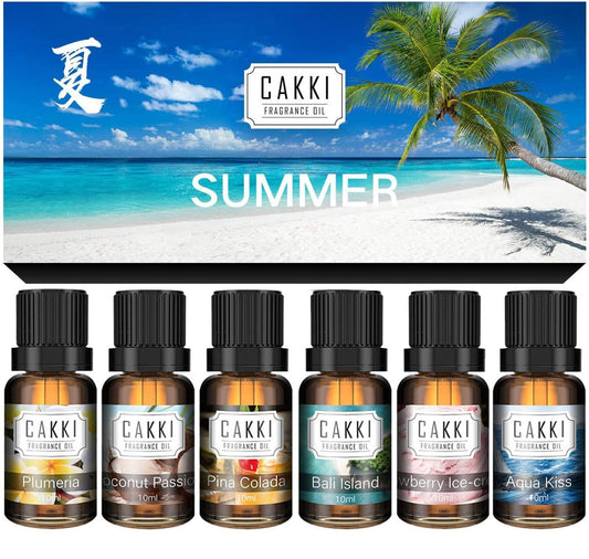 CAKKI Sommer Duftöle für Diffuser – 6x10ml Set mit Kokosnuss, Piña Colada, Aqua Kiss, Bali Island, Erdbeere – Lang anhaltende Aromatherapie Öle für Zuhause, Kerzenherstellung und als Geschenk