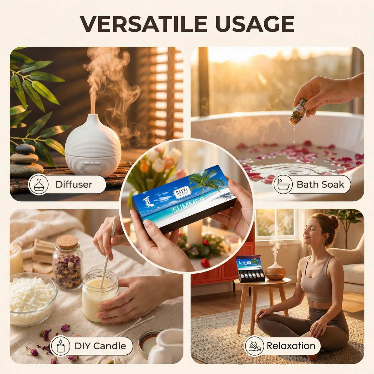 CAKKI Sommer Duftöle für Diffuser – 6x10ml Set mit Kokosnuss, Piña Colada, Aqua Kiss, Bali Island, Erdbeere – Lang anhaltende Aromatherapie Öle für Zuhause, Kerzenherstellung und als Geschenk