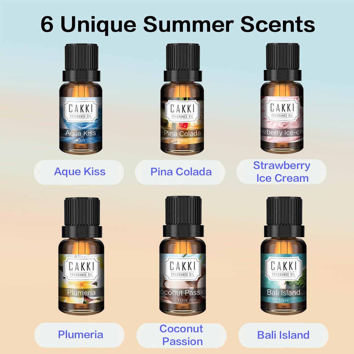 CAKKI Sommer Duftöle für Diffuser – 6x10ml Set mit Kokosnuss, Piña Colada, Aqua Kiss, Bali Island, Erdbeere – Lang anhaltende Aromatherapie Öle für Zuhause, Kerzenherstellung und als Geschenk