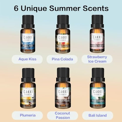 CAKKI Sommer Duftöle für Diffuser – 6x10ml Set mit Kokosnuss, Piña Colada, Aqua Kiss, Bali Island, Erdbeere – Lang anhaltende Aromatherapie Öle für Zuhause, Kerzenherstellung und als Geschenk